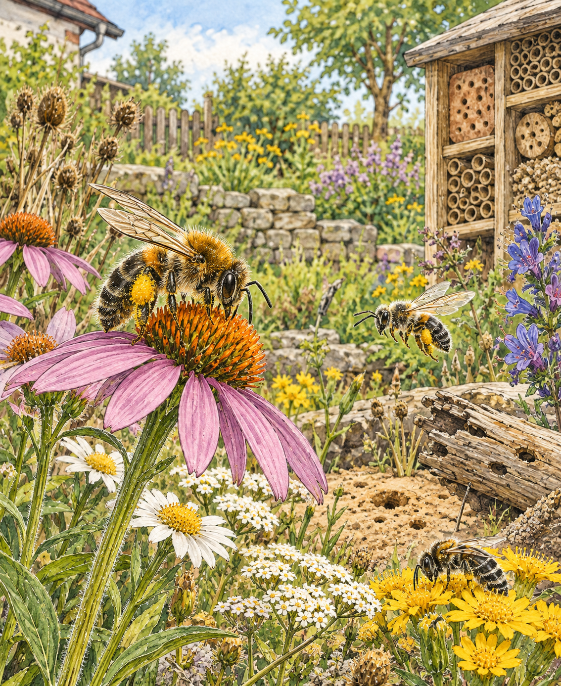 Illustration eines naturnahen Gartens als Lebensraum für Wildbienen